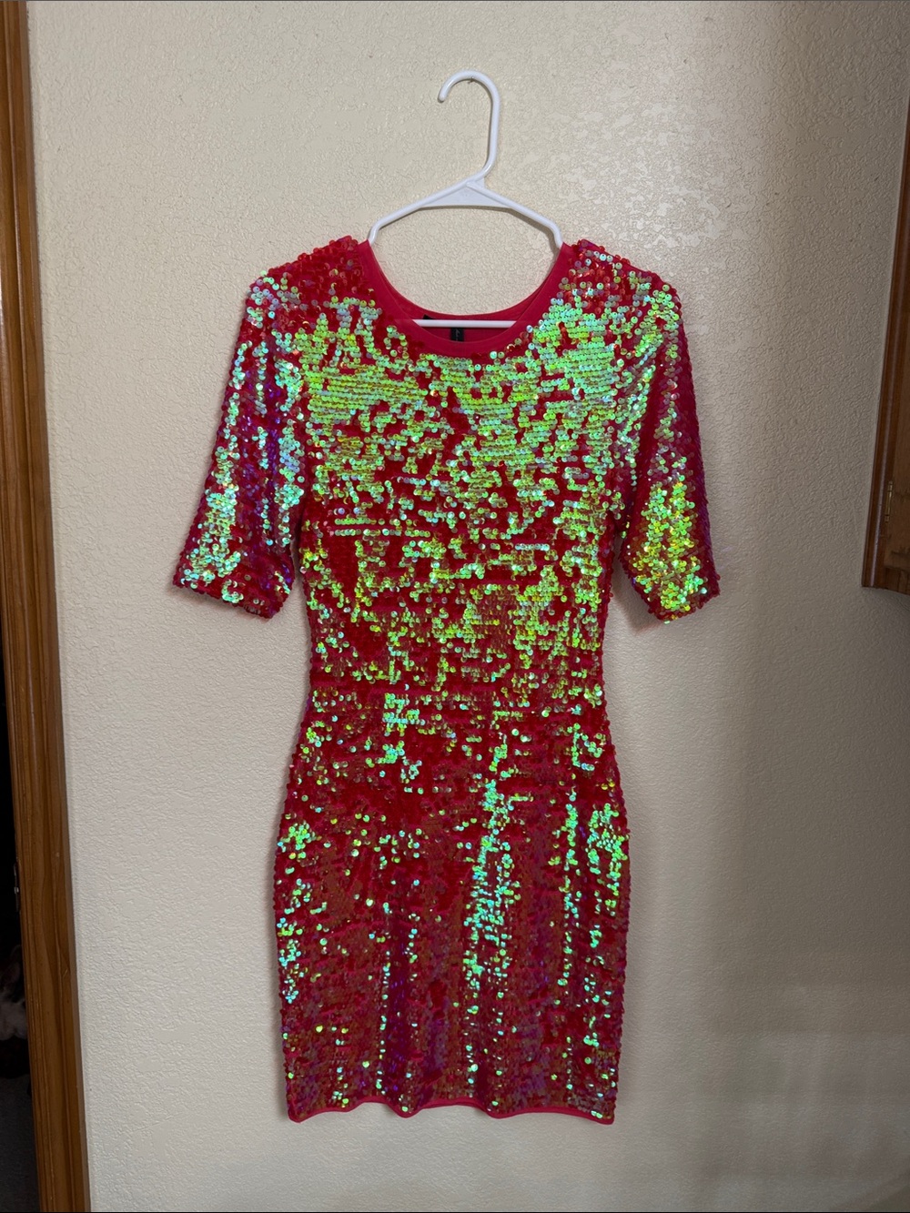 BCBGMaxAzria Red Sequin Mini Dress with Iridescent Green Flash
